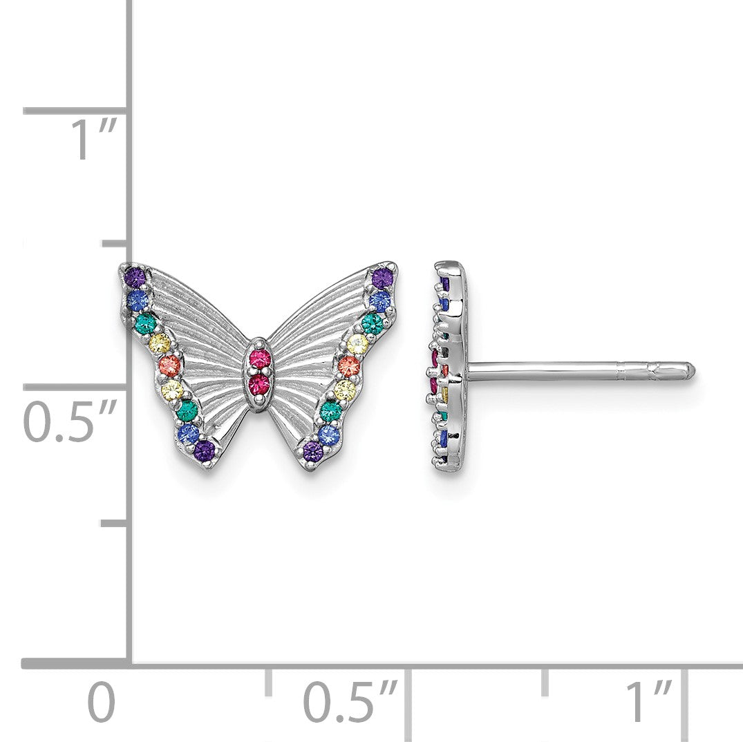 Sterling Silver Rhodium-plated Polished Rainbow Nano Crystals Butterfly Childrens Post Earrings