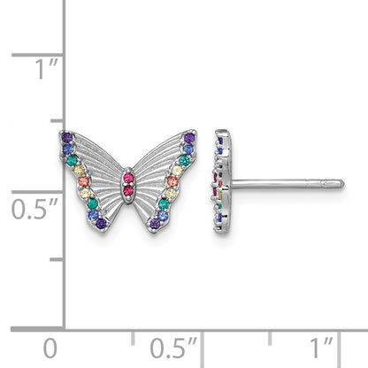Sterling Silver Rhodium-plated Polished Rainbow Nano Crystals Butterfly Childrens Post Earrings