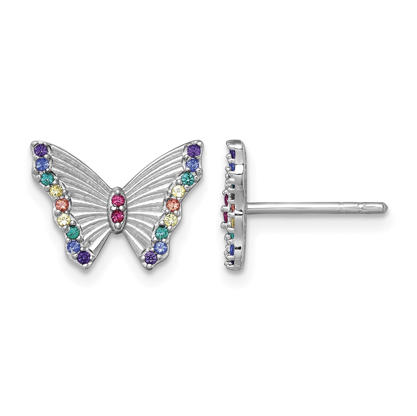Sterling Silver Rhodium-plated Polished Rainbow Nano Crystals Butterfly Childrens Post Earrings