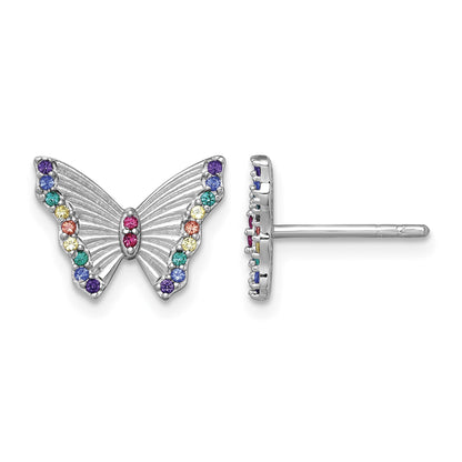 Sterling Silver Rhodium-plated Polished Rainbow Nano Crystals Butterfly Childrens Post Earrings