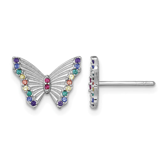 Sterling Silver Rhodium-plated Polished Rainbow Nano Crystals Butterfly Childrens Post Earrings
