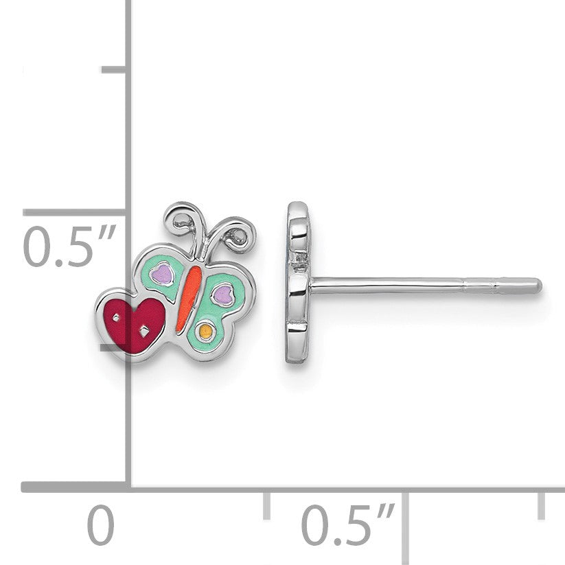 Sterling Silver Rhodium-plated Polished Green/Yellow/Orange/Red Enamel Butterfly And Heart Childrens Post Earrings