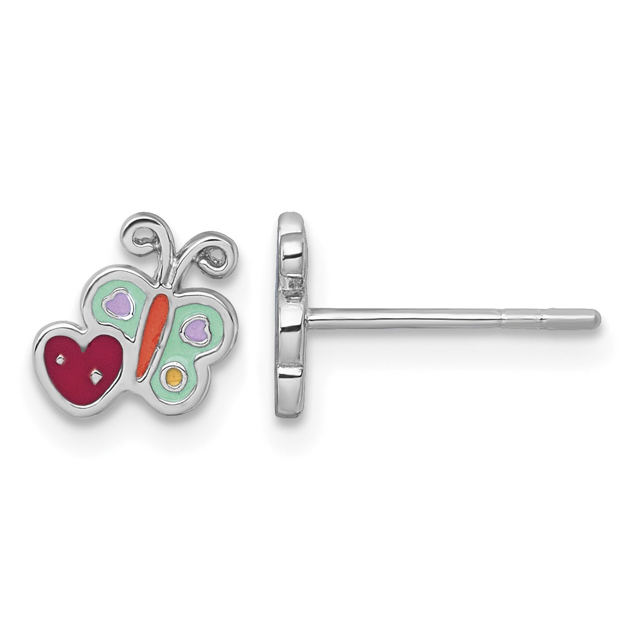 Sterling Silver Rhodium-plated Polished Green/Yellow/Orange/Red Enamel Butterfly And Heart Childrens Post Earrings