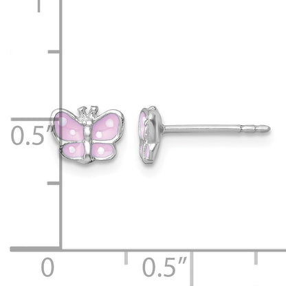 Sterling Silver Madi K Rhodium-plated Enameled Pink Butterfly Childrens Post Earrings
