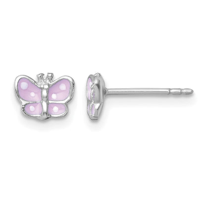 Sterling Silver Madi K Rhodium-plated Enameled Pink Butterfly Childrens Post Earrings