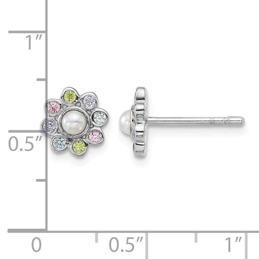 Sterling Silver Rhodium-plated Polished Green, Pink, Blue and Purple CZ and Freshwater Cultured Pearl Flower Post Earrings