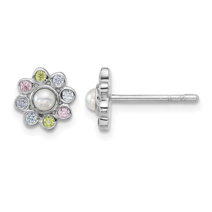Sterling Silver Rhodium-plated Polished Green, Pink, Blue and Purple CZ and Freshwater Cultured Pearl Flower Post Earrings