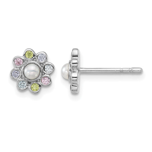 Sterling Silver Rhodium-plated Polished Green, Pink, Blue and Purple CZ and Freshwater Cultured Pearl Flower Post Earrings