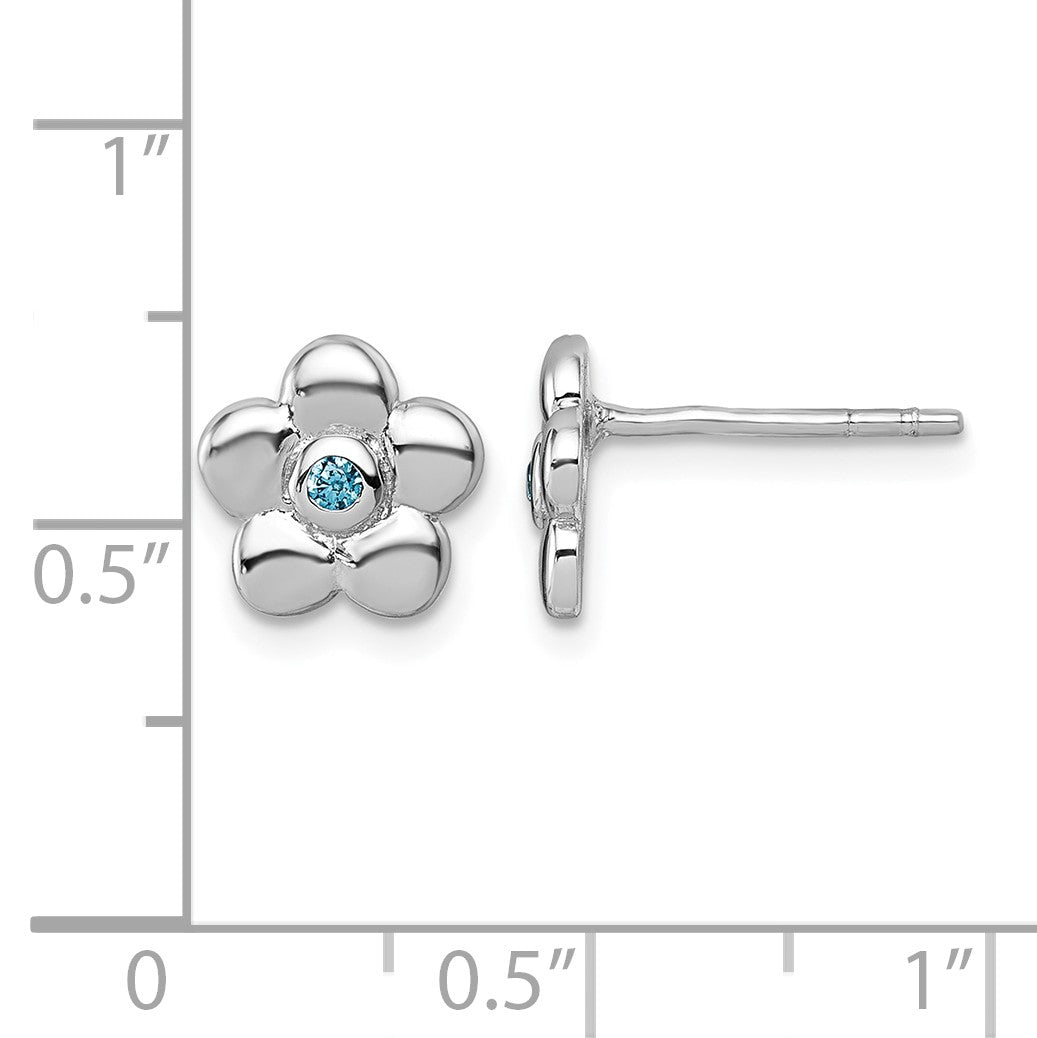 Sterling Silver Rhodium-plated Polished Blue CZ Flower Post Earrings