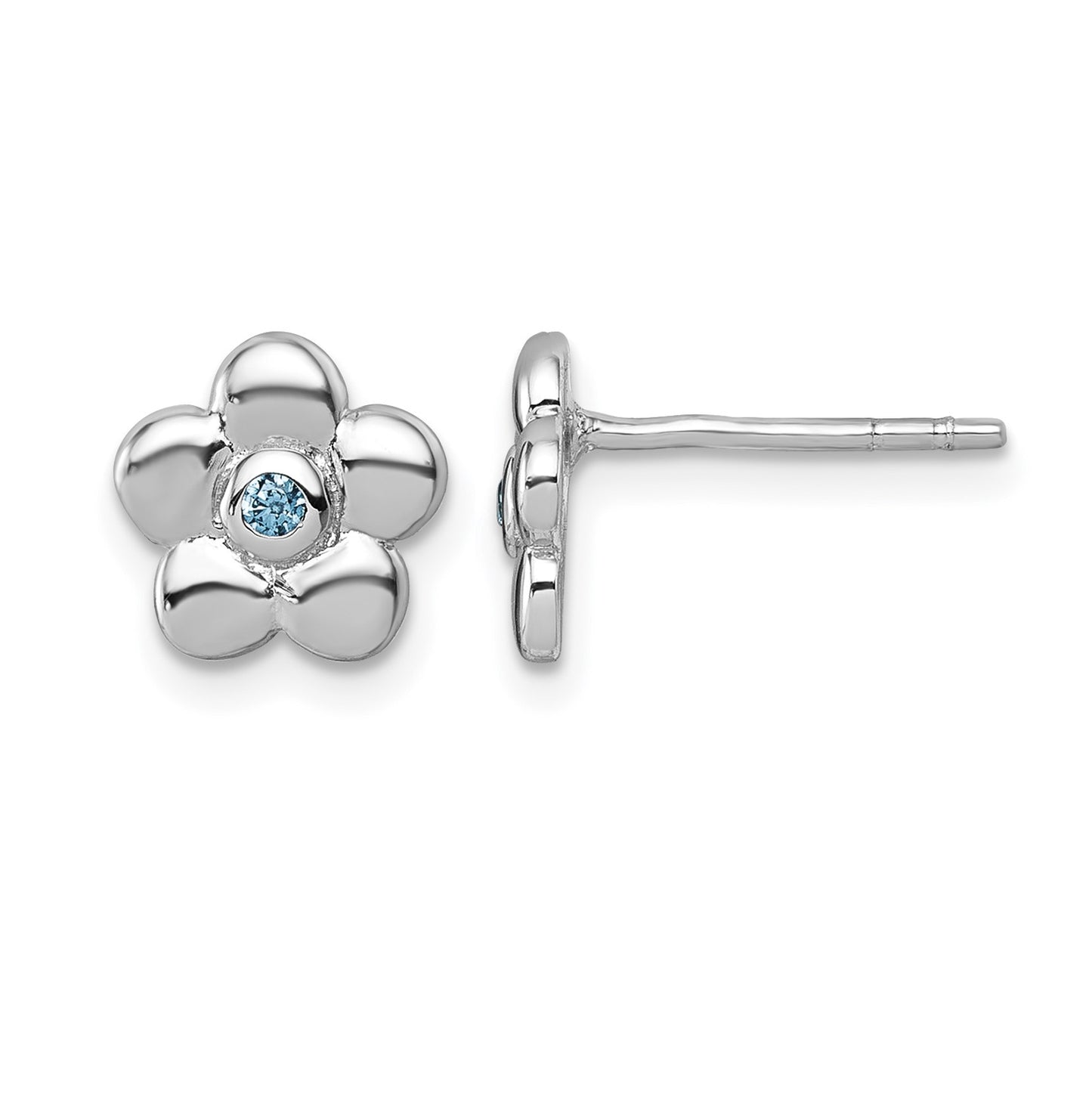 Sterling Silver Rhodium-plated Polished Blue CZ Flower Post Earrings