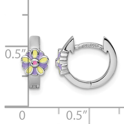 Sterling Silver Rhodium-plated Children's Purple, Yellow and Pink Enamel Flower Hinged Hoop Earrings