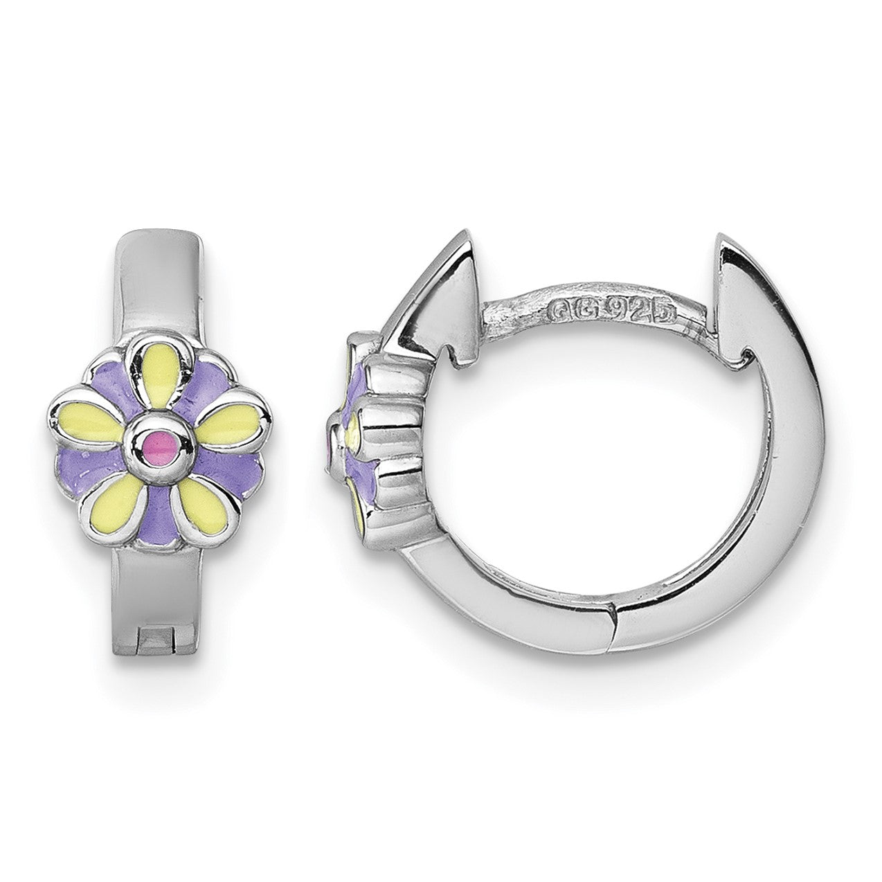 Sterling Silver Rhodium-plated Children's Purple, Yellow and Pink Enamel Flower Hinged Hoop Earrings