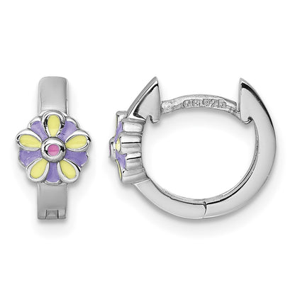 Sterling Silver Rhodium-plated Children's Purple, Yellow and Pink Enamel Flower Hinged Hoop Earrings