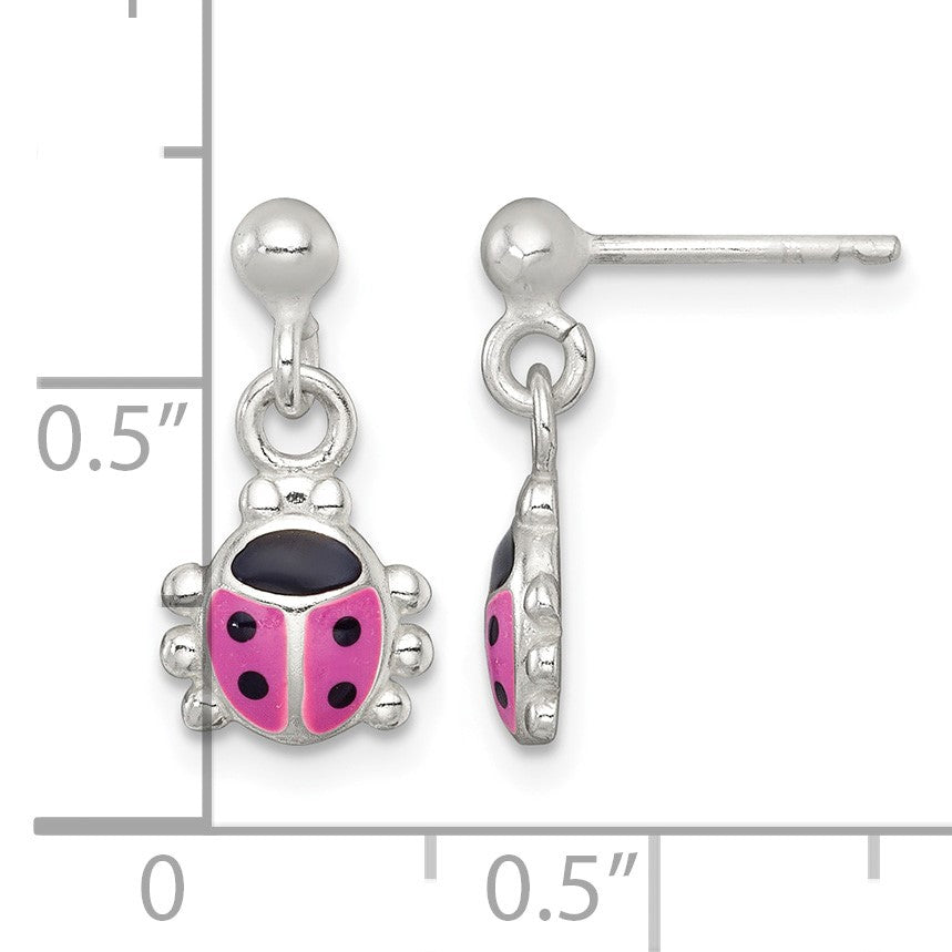 Sterling Silver Polished Pink and Black Enameled Ladybug Dangle Childrens Post Earrings