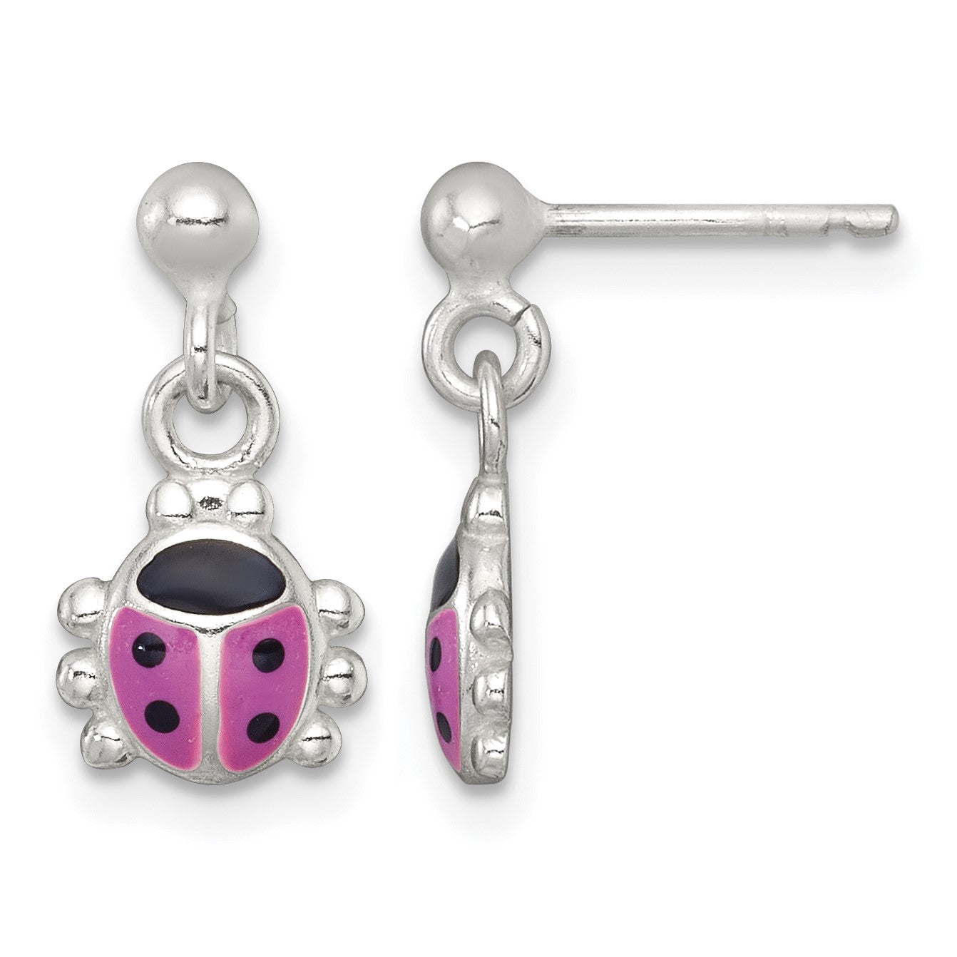 Sterling Silver Polished Pink and Black Enameled Ladybug Dangle Childrens Post Earrings