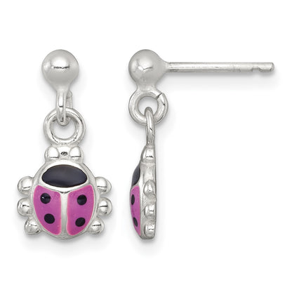 Sterling Silver Polished Pink and Black Enameled Ladybug Dangle Childrens Post Earrings