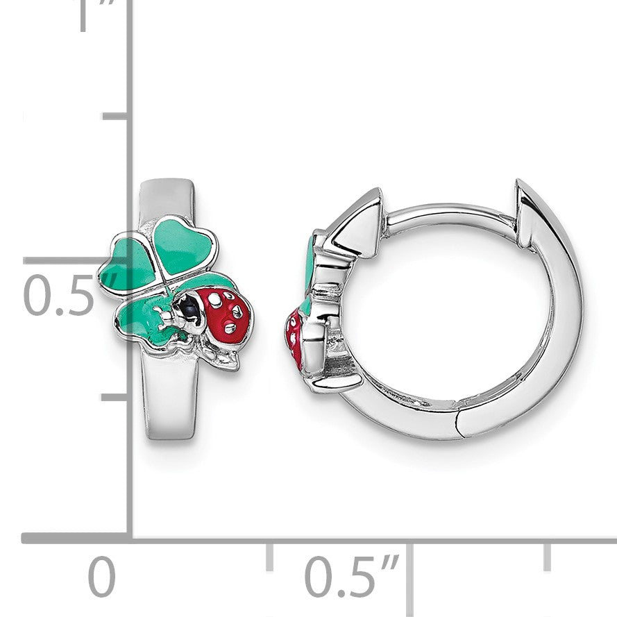 Sterling Silver Rhodium-plated Children's Green, Red and Black Enamel Ladybug 4-Leaf Clover Hinged Hoop Earrings