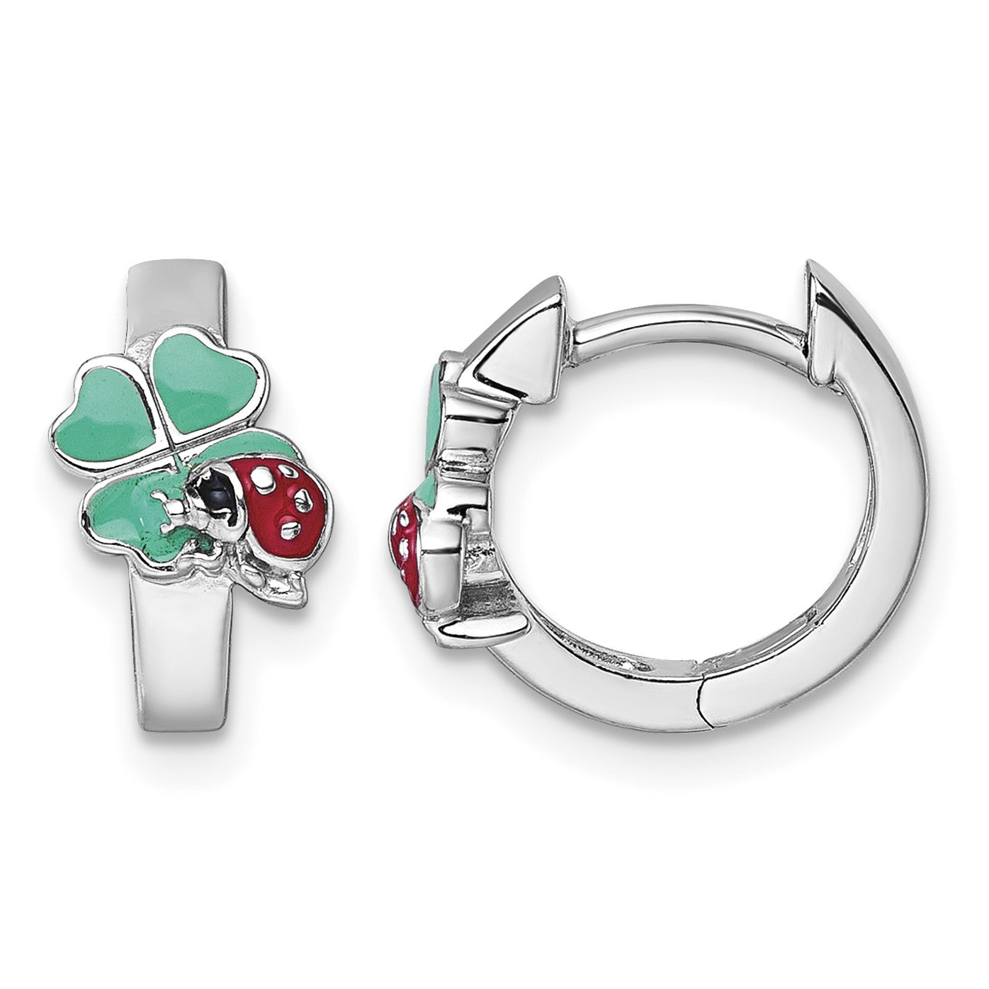 Sterling Silver Rhodium-plated Children's Green, Red and Black Enamel Ladybug 4-Leaf Clover Hinged Hoop Earrings