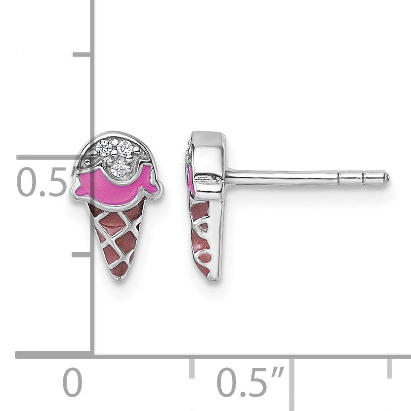 Sterling Silver Rhodium-plated Children's Pink and Brown Enamel with CZ Ice Cream Cone Post Earrings