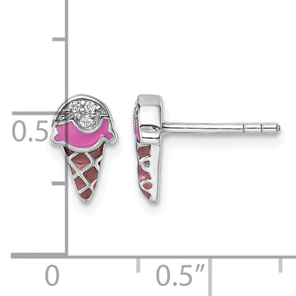 Sterling Silver Rhodium-plated Children's Pink and Brown Enamel with CZ Ice Cream Cone Post Earrings