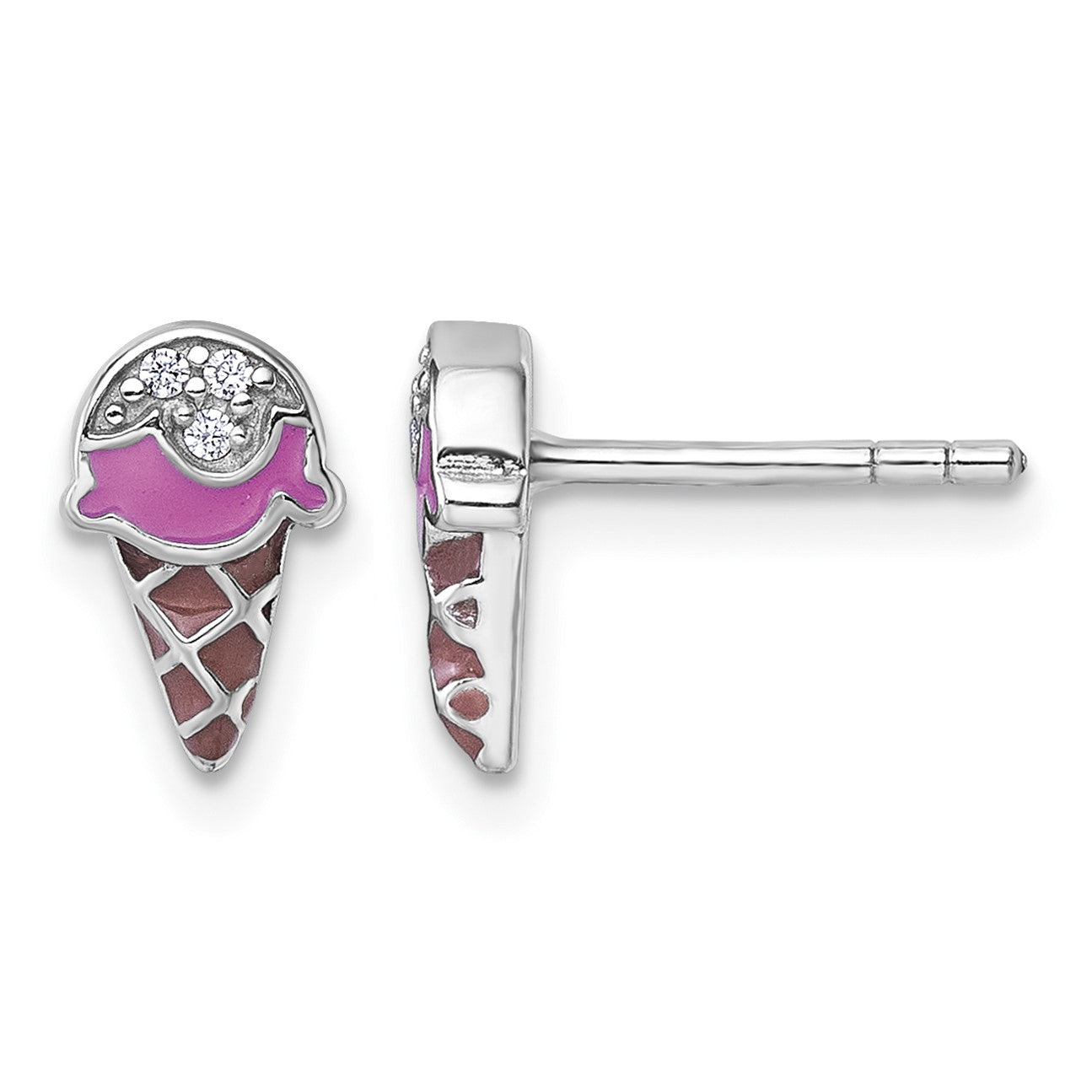 Sterling Silver Rhodium-plated Children's Pink and Brown Enamel with CZ Ice Cream Cone Post Earrings