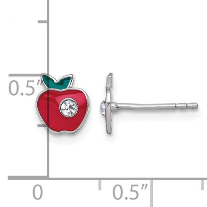 Sterling Silver Madi K Rhodium-plated Enameled Red Apple with Crystal Childrens Post Earrings