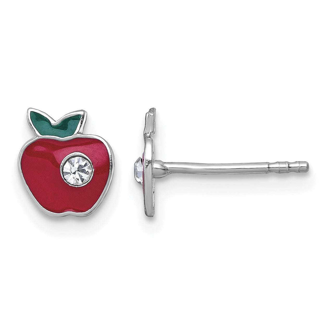 Sterling Silver Madi K Rhodium-plated Enameled Red Apple with Crystal Childrens Post Earrings