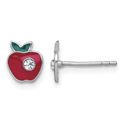 Sterling Silver Madi K Rhodium-plated Enameled Red Apple with Crystal Childrens Post Earrings