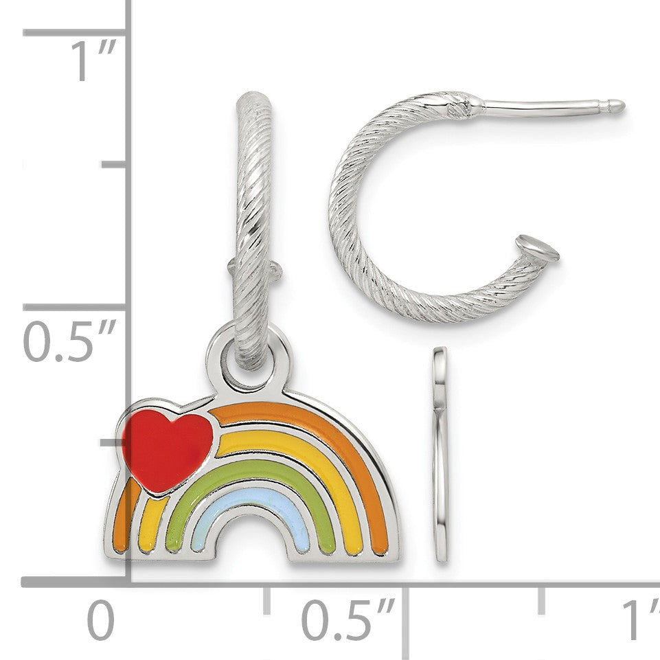 Sterling Silver Polished Grooved Enameled Heart on Rainbow Dangle Childrens C-Hoop Post Earrings