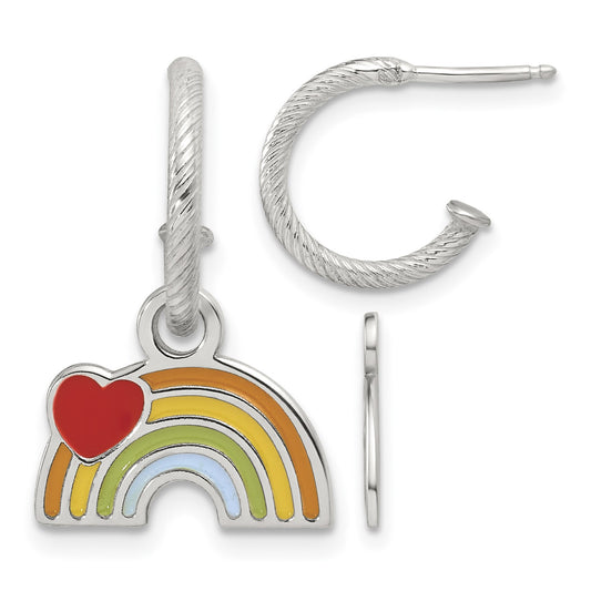 Sterling Silver Polished Grooved Enameled Heart on Rainbow Dangle Childrens C-Hoop Post Earrings