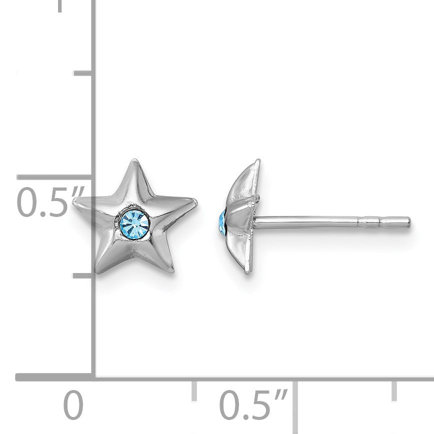 Sterling Silver Madi K Rhodium-plated Polished Blue Crystal Center Star Childrens Post Earrings