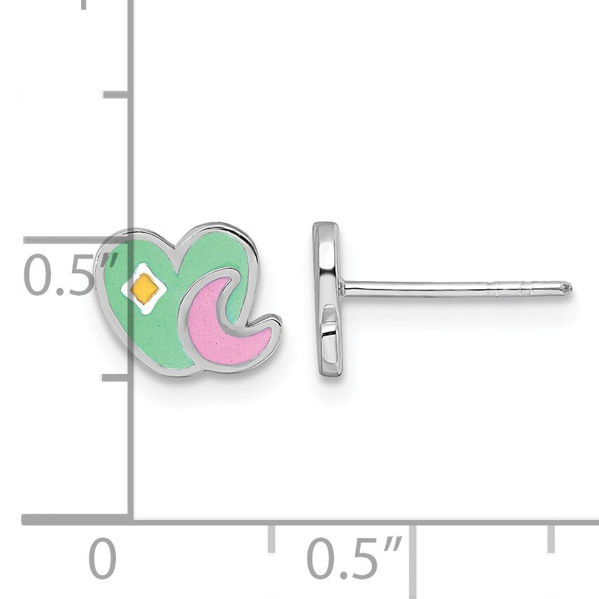 Sterling Silver Rhodium-plated Polished Green/Pink/Yellow Enamel Heart And Moon Childrens Post Earrings