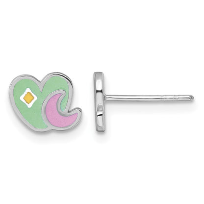 Sterling Silver Rhodium-plated Polished Green/Pink/Yellow Enamel Heart And Moon Childrens Post Earrings