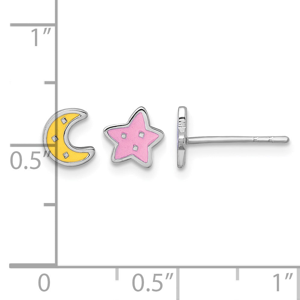 Sterling Silver Rhodium-plated Polished Pink and Yellow Enamel Moon and Star Mismatched Childrens Post Earrings