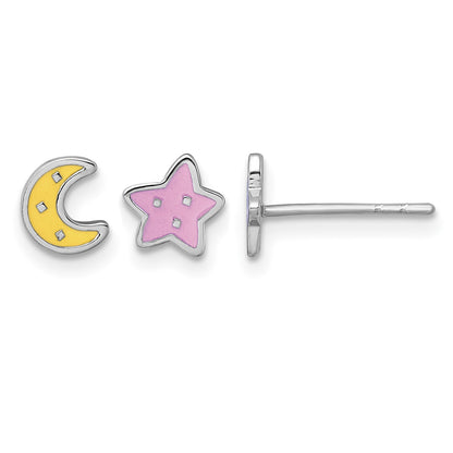 Sterling Silver Rhodium-plated Polished Pink and Yellow Enamel Moon and Star Mismatched Childrens Post Earrings