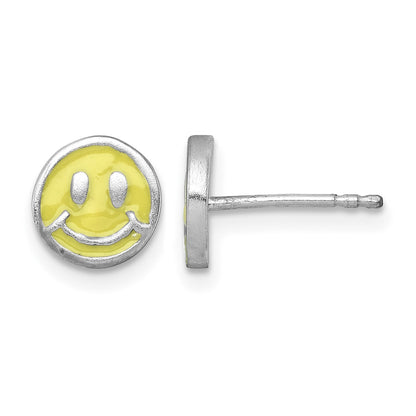 Sterling Silver Madi K Rhodium-plated Enameled Yellow Smiley Face Childrens Post Earrings
