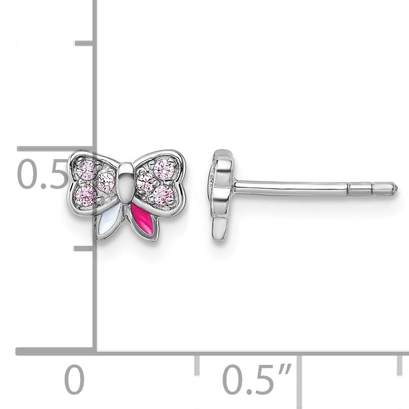 Sterling Silver Rhodium-plated Children's Pink CZ with Pink and White Enamel Bow Post Earrings