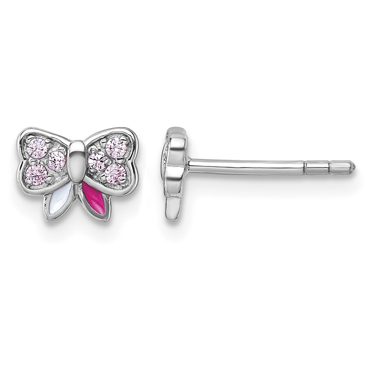Sterling Silver Rhodium-plated Children's Pink CZ with Pink and White Enamel Bow Post Earrings