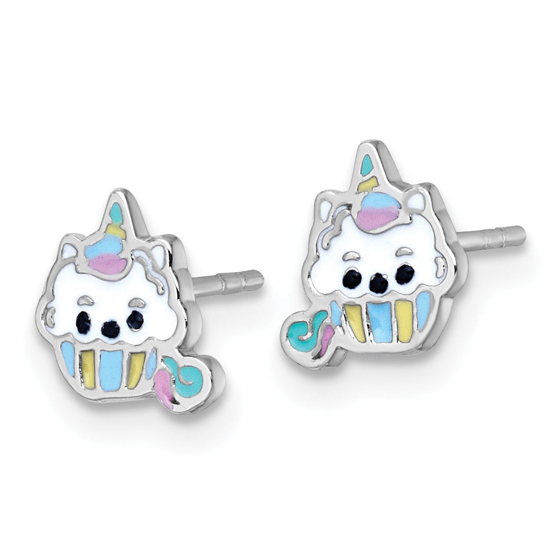 Sterling Silver Rhodium-plated Polished White and Rainbow Enamel Unicorn Cupcake Childrens Post Earrings