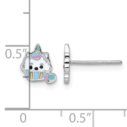 Sterling Silver Rhodium-plated Polished White and Rainbow Enamel Unicorn Cupcake Childrens Post Earrings