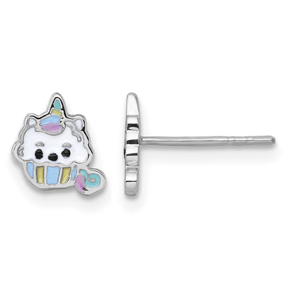 Sterling Silver Rhodium-plated Polished White and Rainbow Enamel Unicorn Cupcake Childrens Post Earrings
