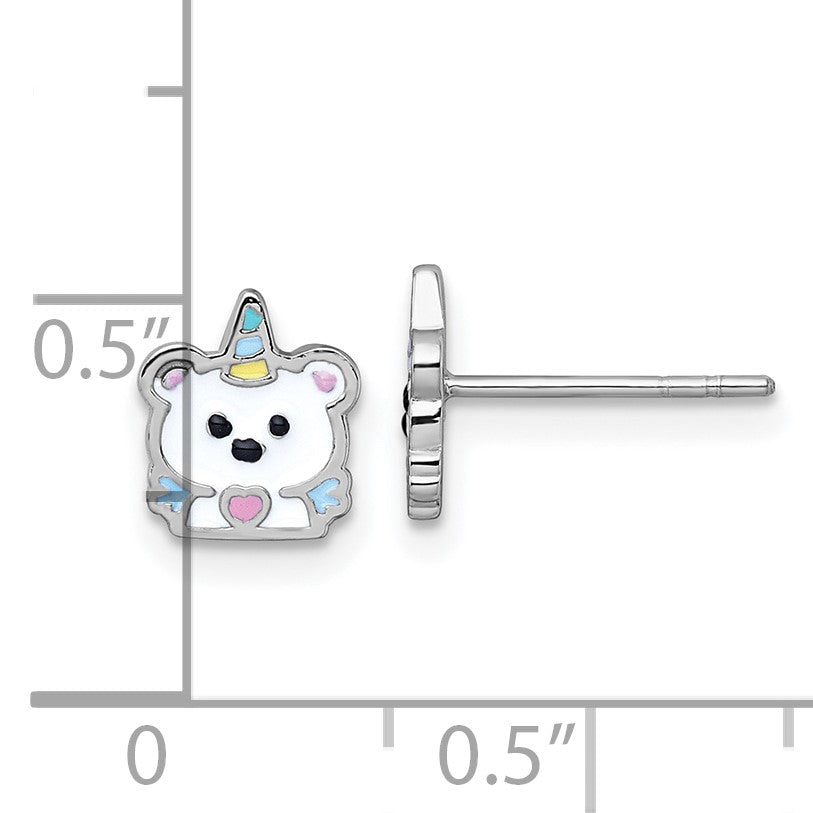 Sterling Silver Rhodium-plated Polished White and Rainbow Enamel Unicorn Polar Bear Childrens Post Earrings
