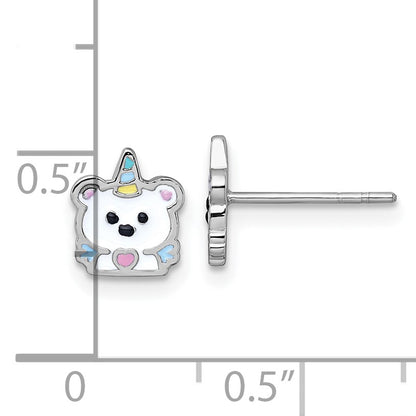 Sterling Silver Rhodium-plated Polished White and Rainbow Enamel Unicorn Polar Bear Childrens Post Earrings