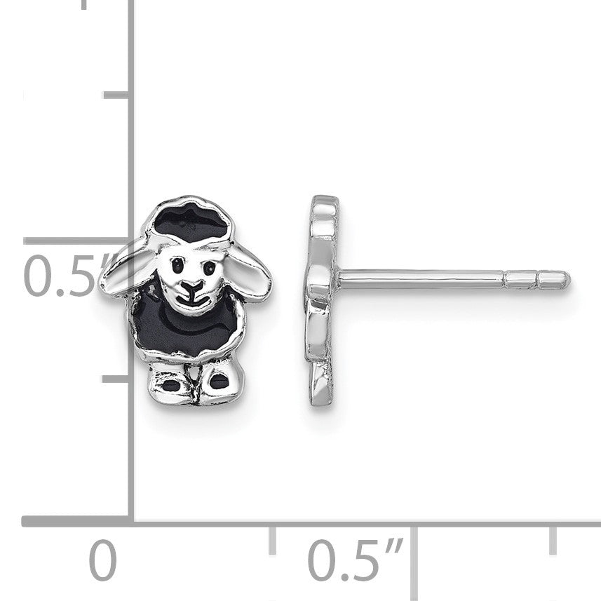Sterling Silver Rhodium-plated Polished with Black Enamel Sheep Post Earrings