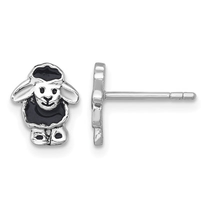 Sterling Silver Rhodium-plated Polished with Black Enamel Sheep Post Earrings