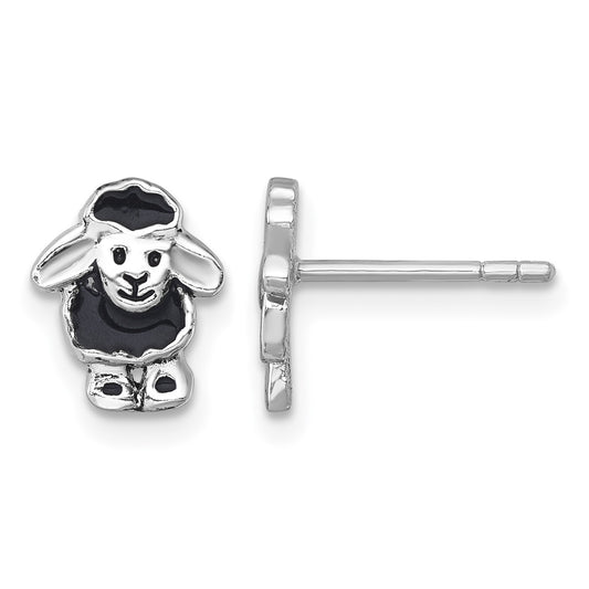 Sterling Silver Rhodium-plated Polished with Black Enamel Sheep Post Earrings