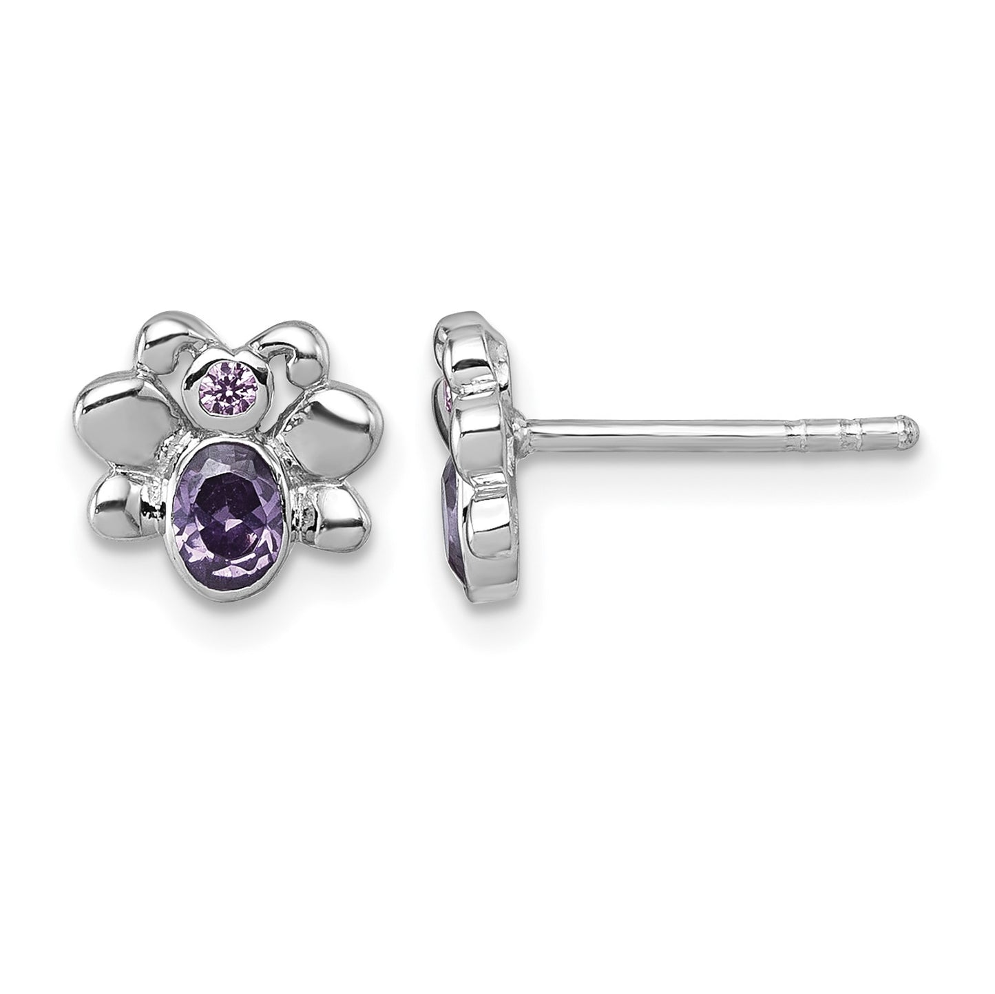 Sterling Silver Rhodium-plated Polished Pink And Purple CZ Butterfly Post Earrings