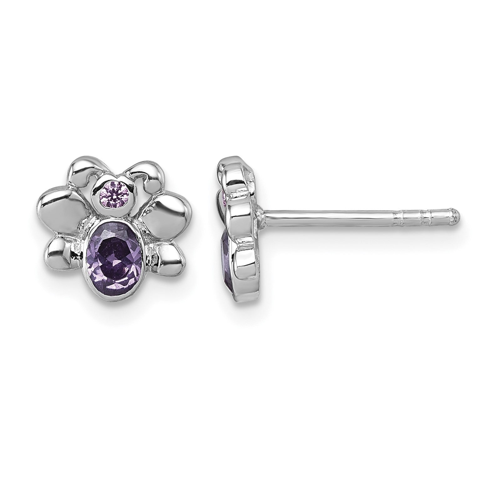 Sterling Silver Rhodium-plated Polished Pink And Purple CZ Butterfly Post Earrings