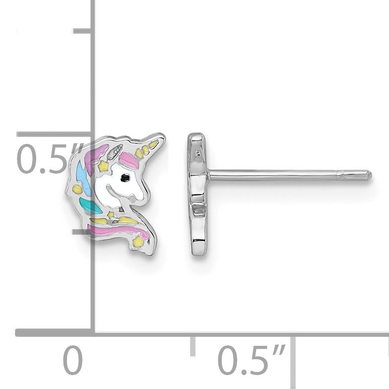 Sterling Silver Rhodium-plated Polished White and Rainbow Enamel Unicorn Head Childrens Post Earrings