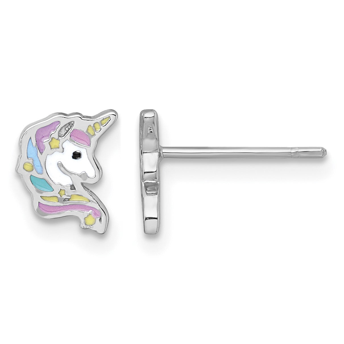 Sterling Silver Rhodium-plated Polished White and Rainbow Enamel Unicorn Head Childrens Post Earrings